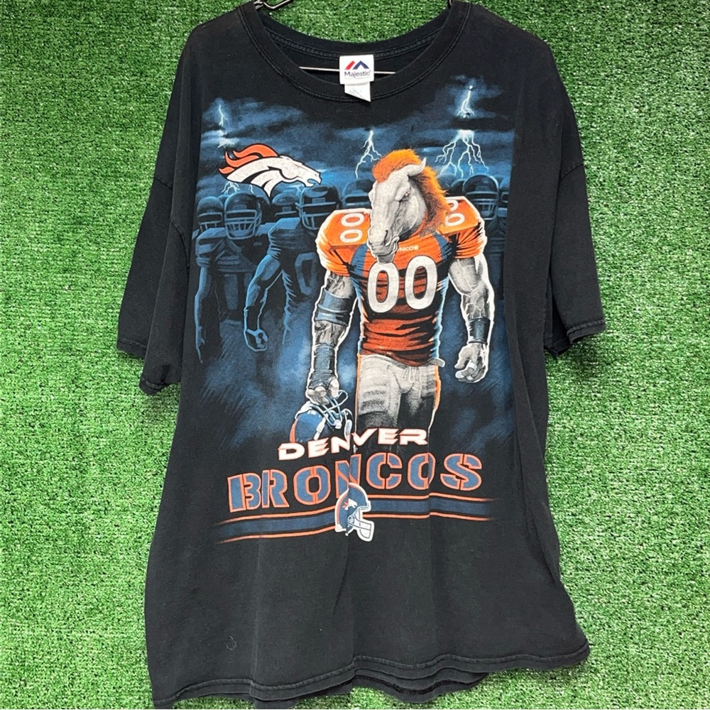 Denver Broncos Vintage Y2K Distressed Fader Big Logo Lightning Shirt XXL NFL